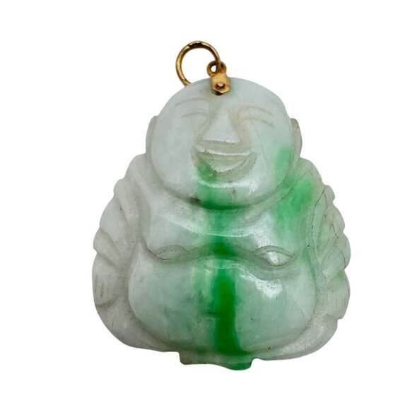 Laughing Buddha Jade Pendant With 14K Gold Bail - Picture 1 of 12